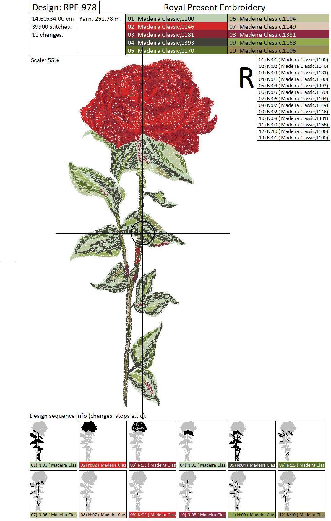 Large Red Rose Machine Embroidery Design - 3 sizes