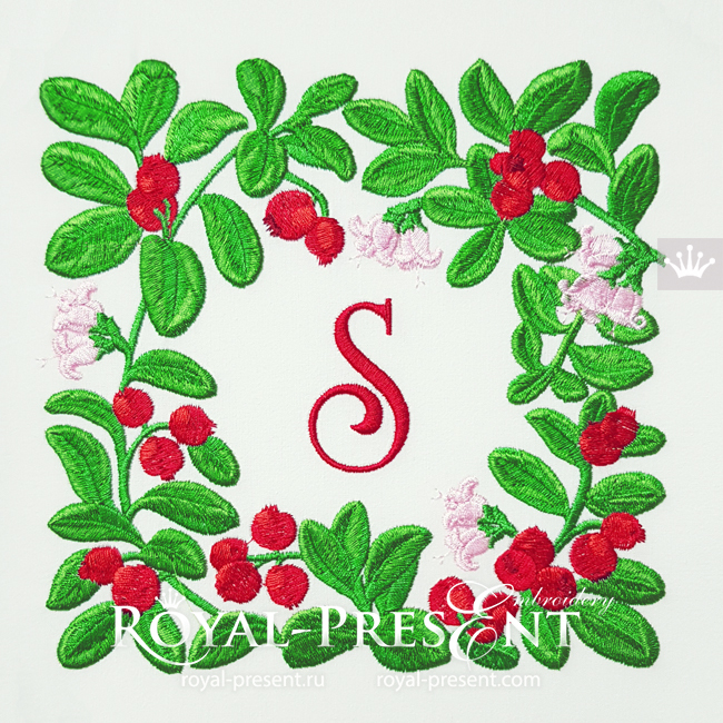 Lingonberry Botanical square frame Machine Embroidery Design - 3 sizes