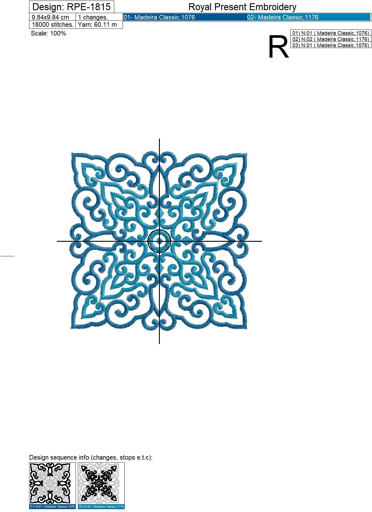 Square Oriental pattern machine embroidery design - 4 sizes