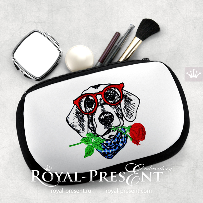 Dog in glasses with red rose Machine Embroidery Design - 4 sizes RPE-1821