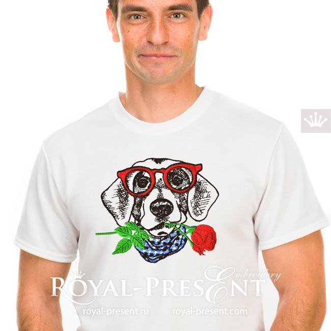 Dog in glasses with red rose Machine Embroidery Design - 4 sizes