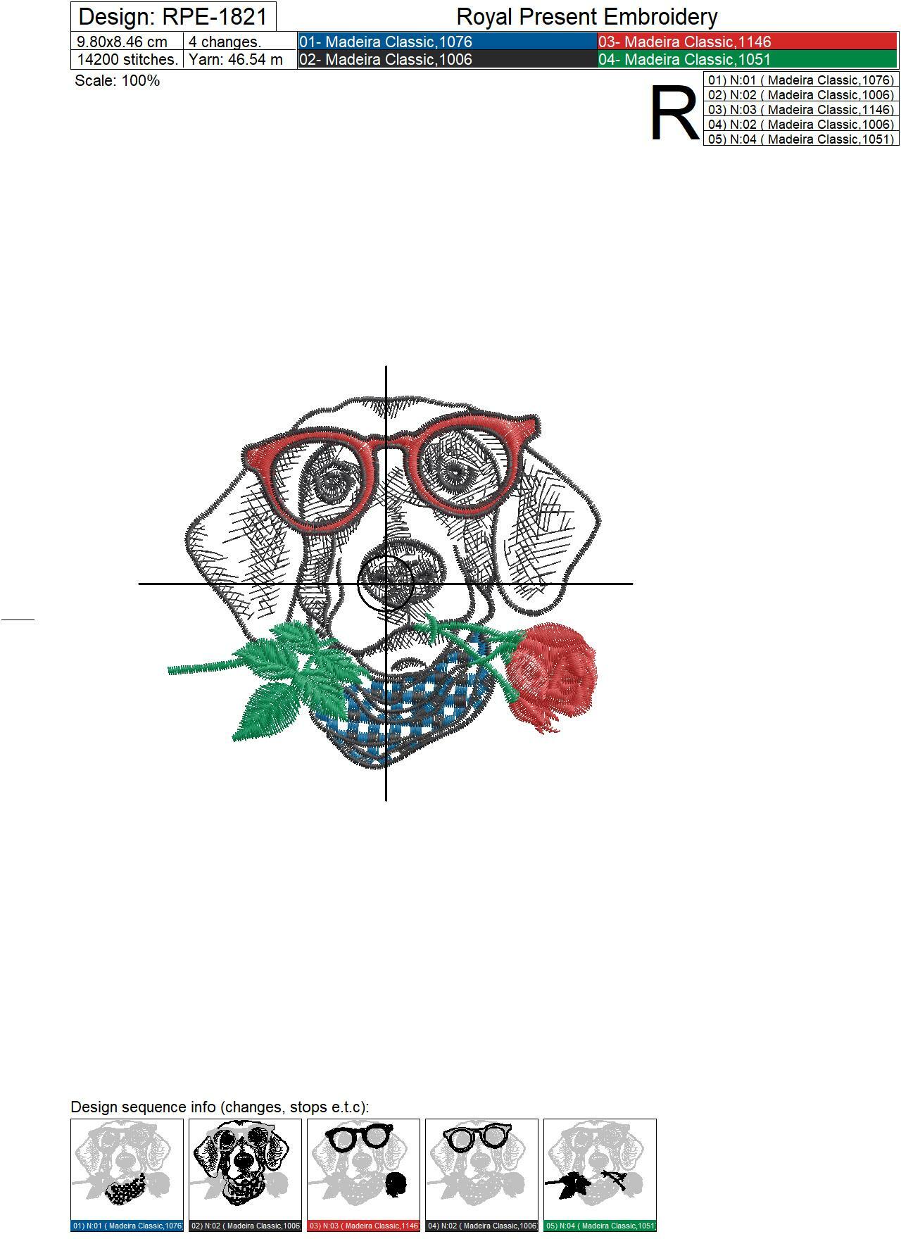 Dog in glasses with red rose Machine Embroidery Design - 4 sizes
