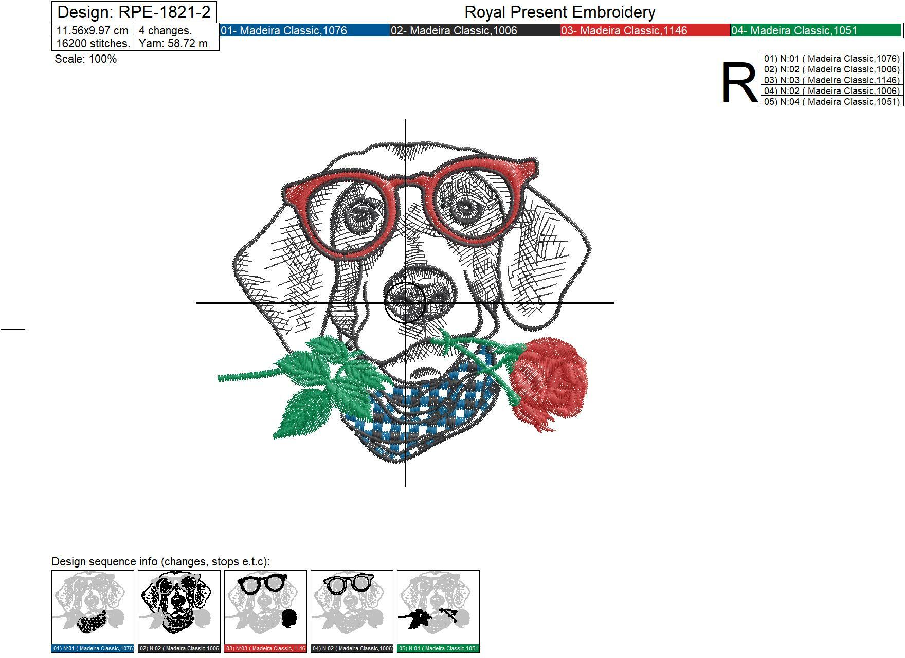 Dog in glasses with red rose Machine Embroidery Design - 4 sizes