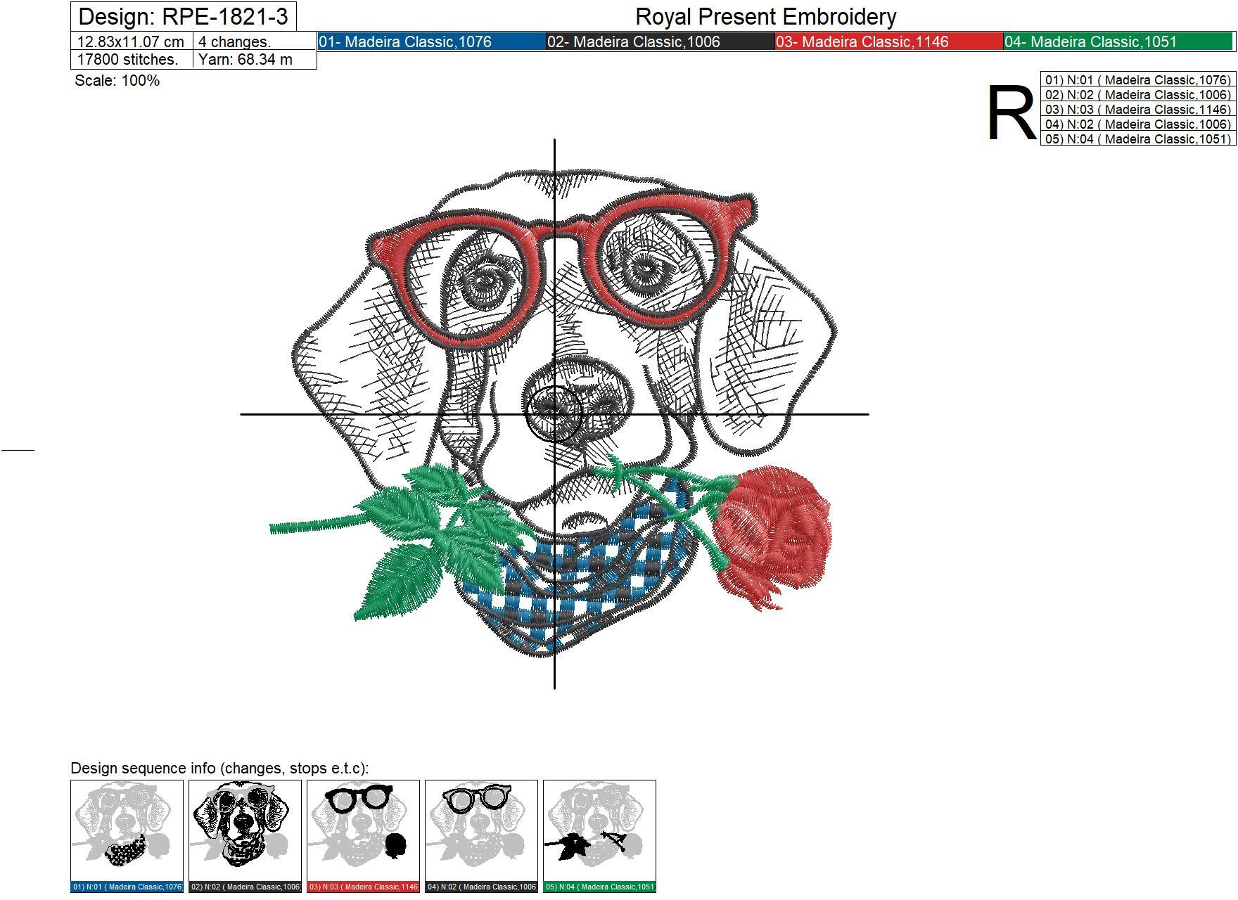 Dog in glasses with red rose Machine Embroidery Design - 4 sizes
