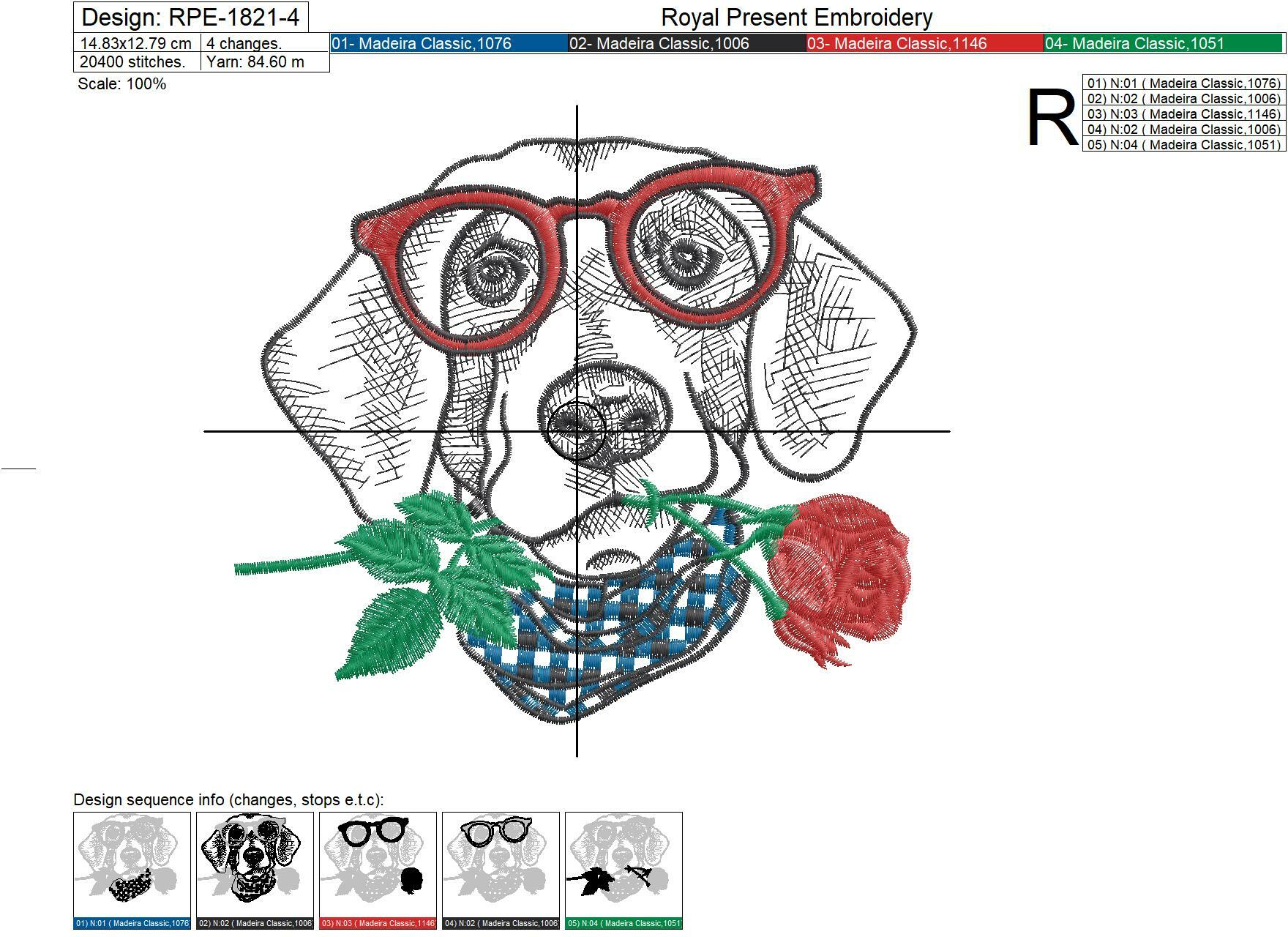 Dog in glasses with red rose Machine Embroidery Design - 4 sizes