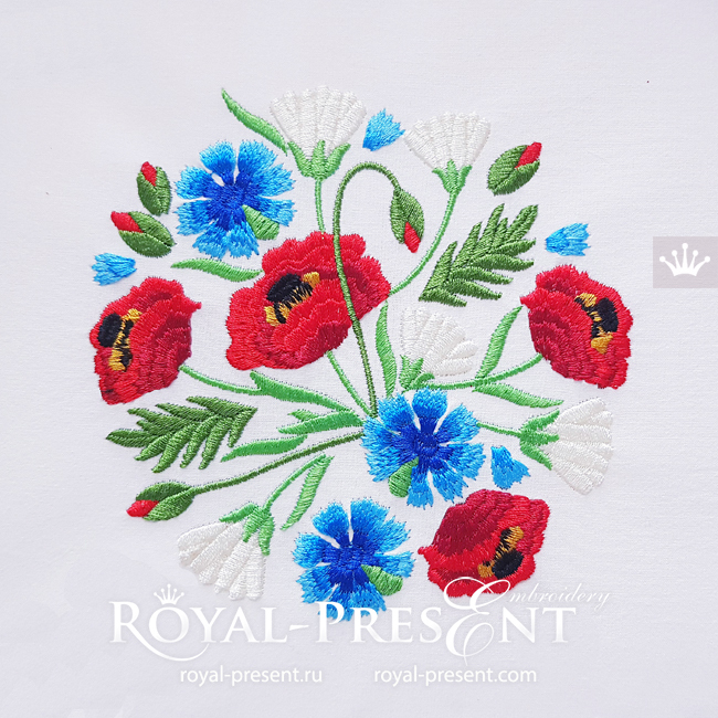 Bouquet Poppies, Daisies, Cornflowers Machine Embroidery Design - 4 sizes