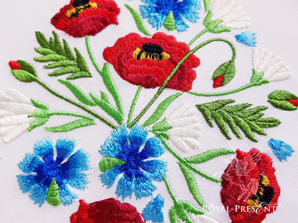Bouquet Poppies, Daisies, Cornflowers Machine Embroidery Design - 4 sizes