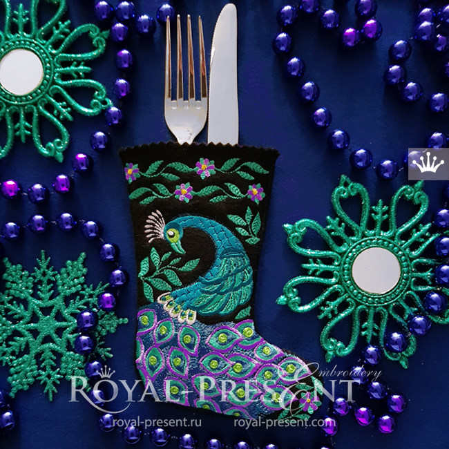 ITH Christmas stocking with Peacock for Cutlery embroidery design RPE-1867