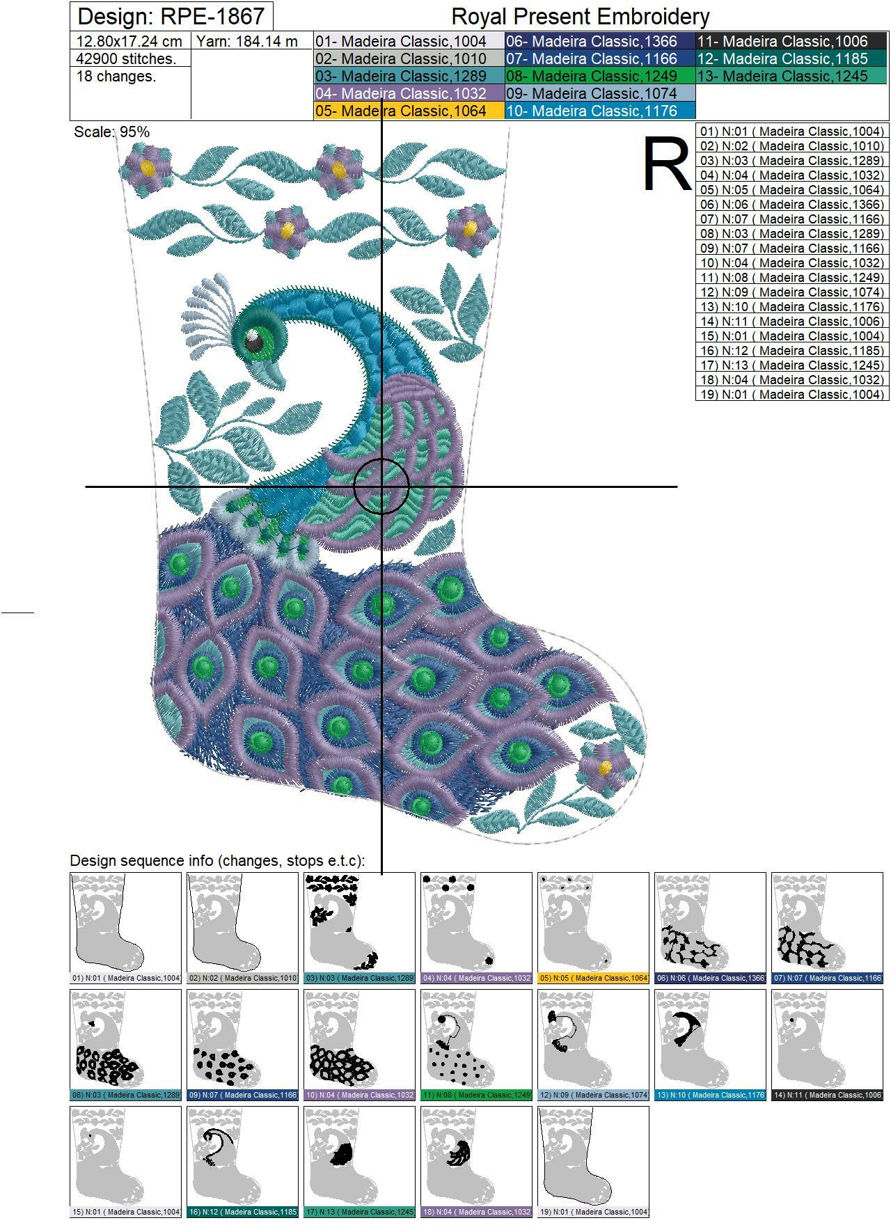 ITH Christmas stocking with Peacock for Cutlery embroidery design