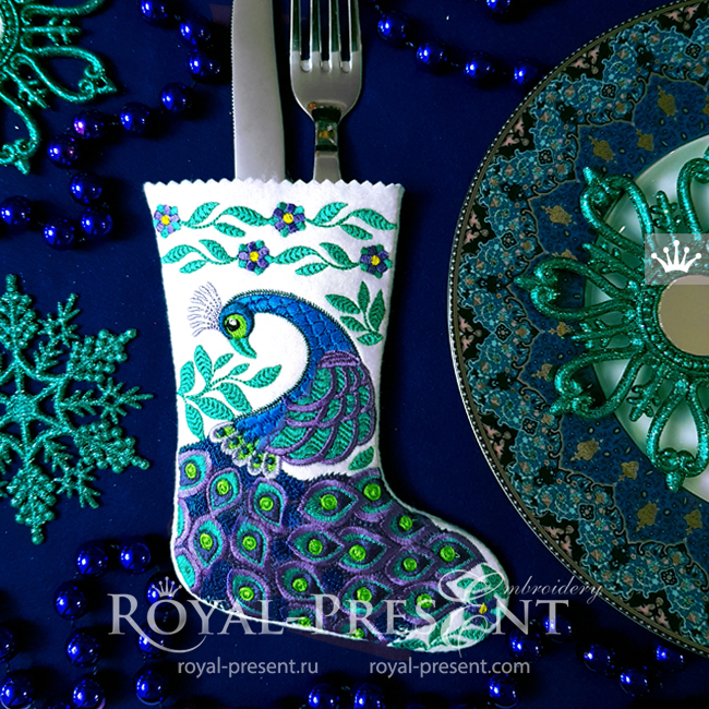 ITH Christmas stocking with Peacock for Cutlery embroidery design