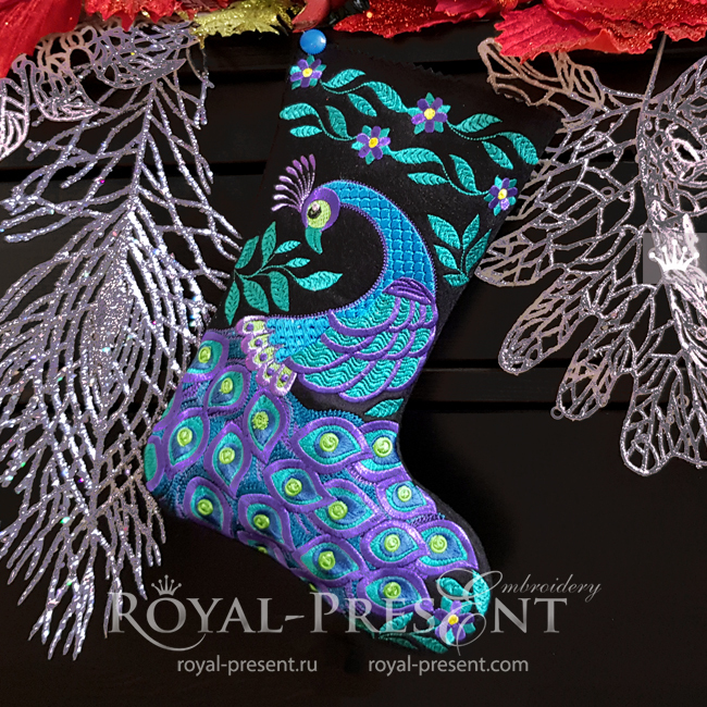 ITH Christmas stocking with Peacock embroidery design - 4 sizes RPE-1867-002
