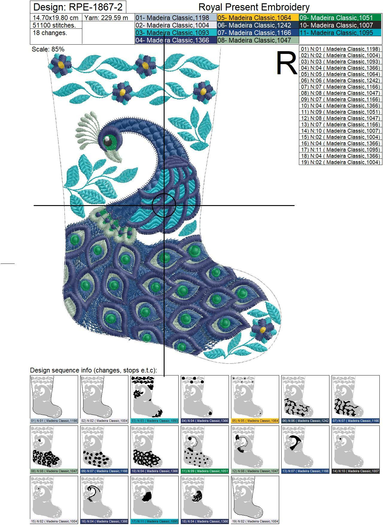 ITH Christmas stocking with Peacock embroidery design - 4 sizes