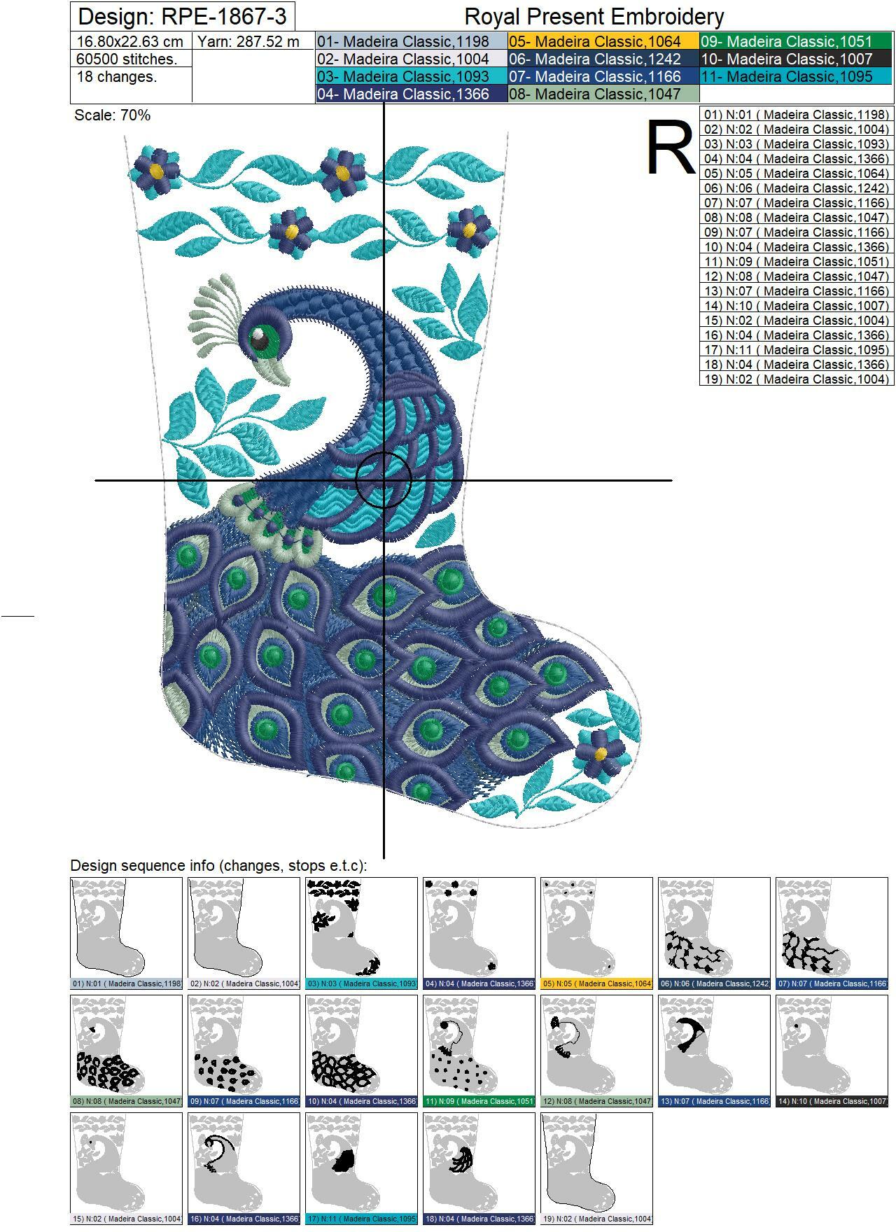 ITH Christmas stocking with Peacock embroidery design - 4 sizes