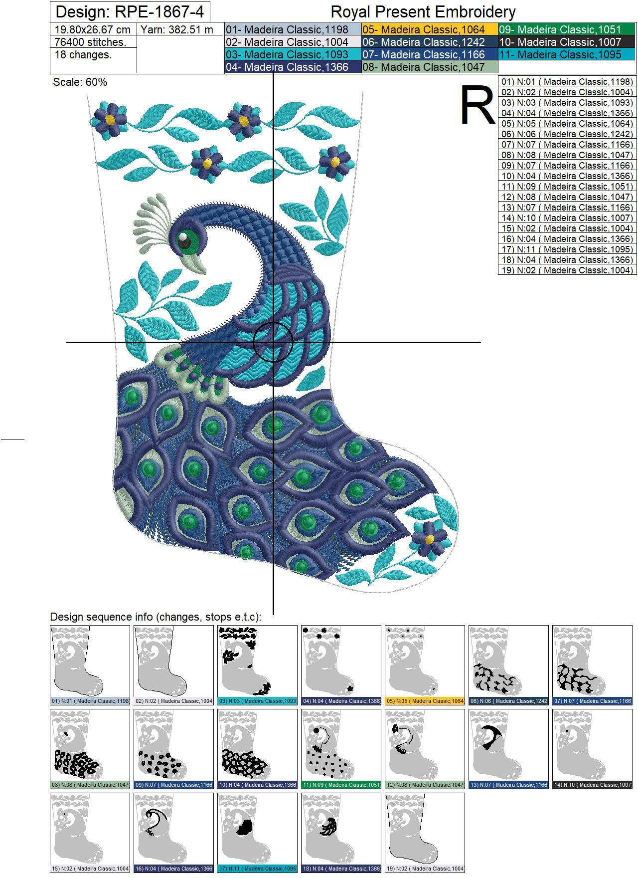 ITH Christmas stocking with Peacock embroidery design - 4 sizes