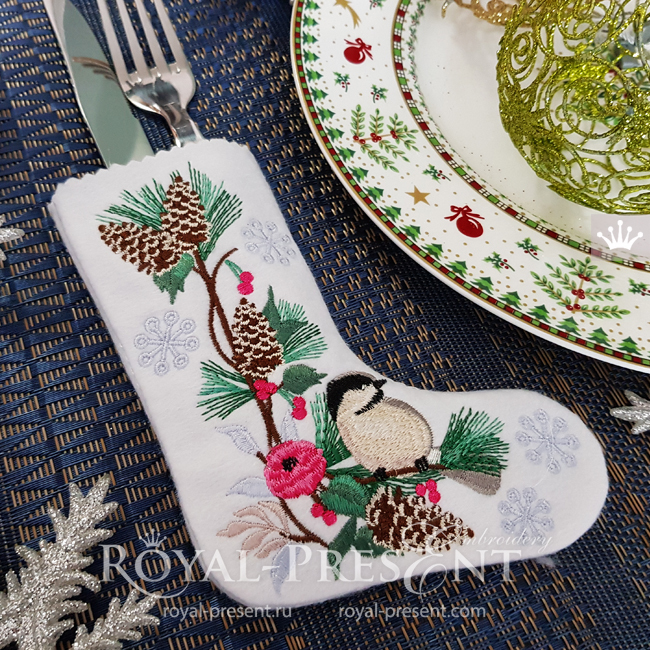 ITH Christmas stocking with Coal Tit for Cutlery embroidery design