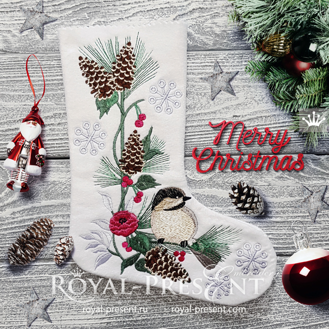 ITH Christmas stocking with Coal Tit machine embroidery design - 4 sizes RPE-1869-001