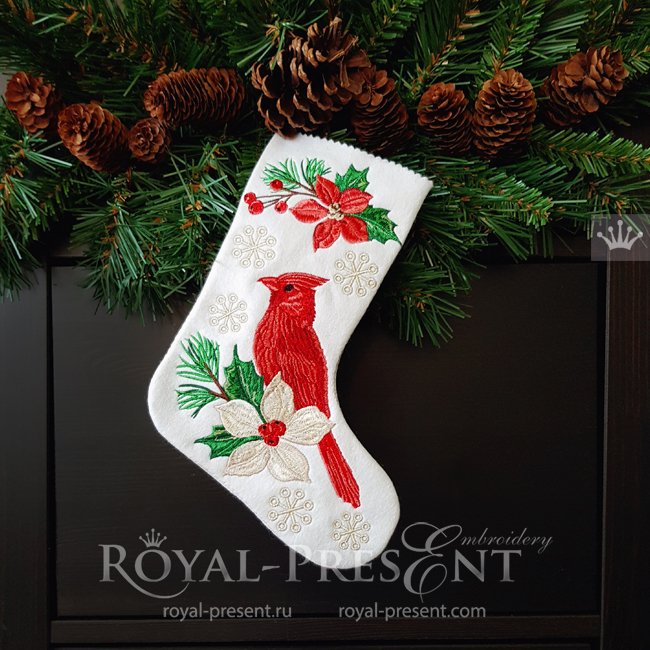 ITH Christmas stocking with Cardinal machine embroidery design - 5 sizes RPE-1885