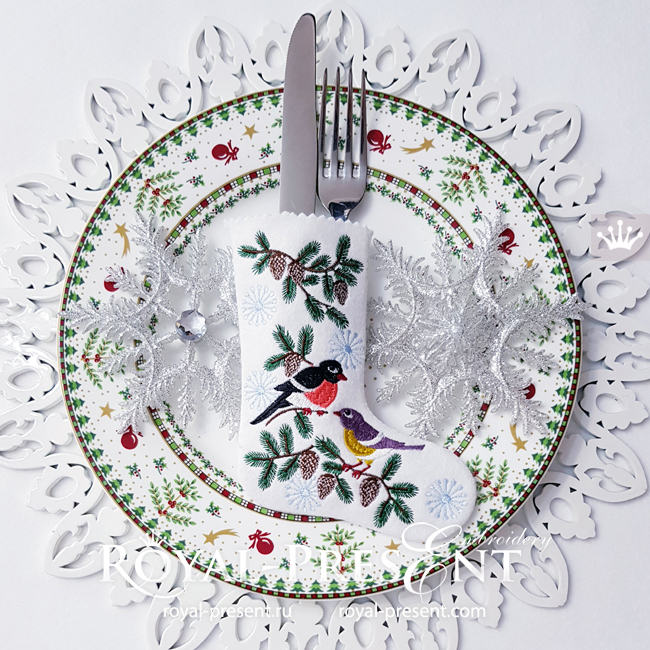 ITH Christmas stocking with Bullfinch and Tit for Cutlery embroidery design - 2 sizes RPE-1874