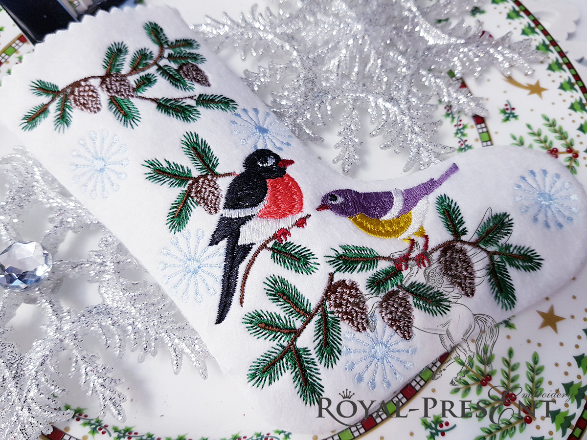ITH Christmas stocking with Bullfinch and Tit for Cutlery embroidery design - 2 sizes