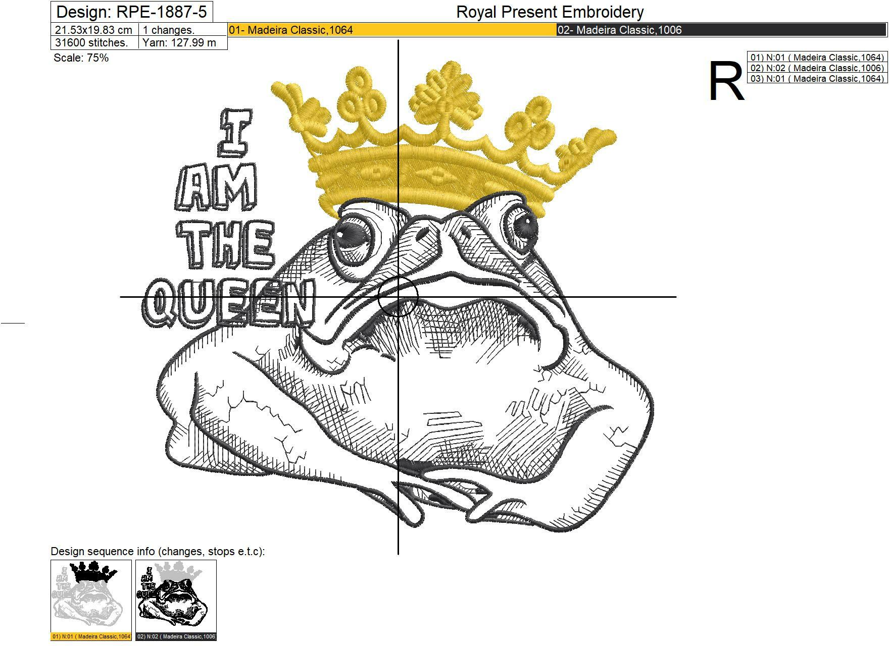 Queen Frog Machine Embroidery Design - 5 sizes
