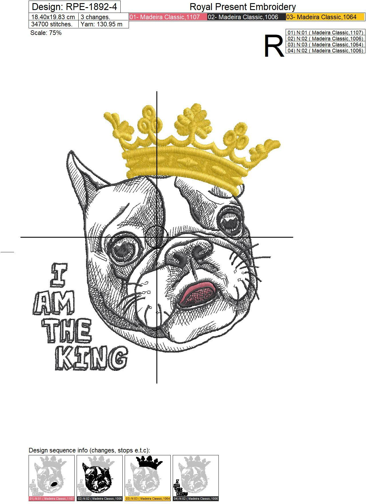 French bulldog King Machine Embroidery Design - 4 sizes