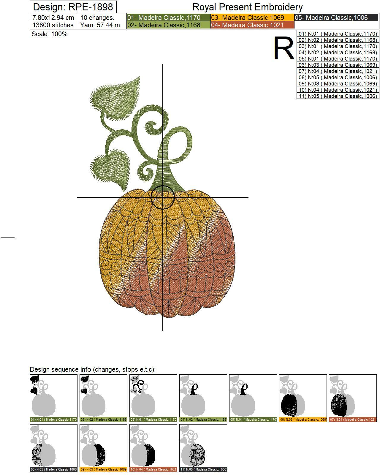 Pumpkin with Pattern Machine Embroidery Design - 2 sizes