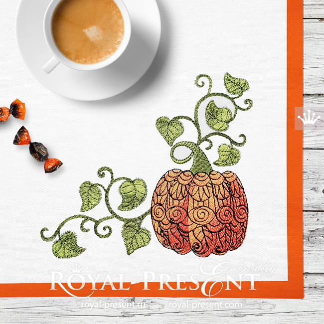 Pumpkin Corner with linear ornament Embroidery Design - 2 sizes RPE-1905