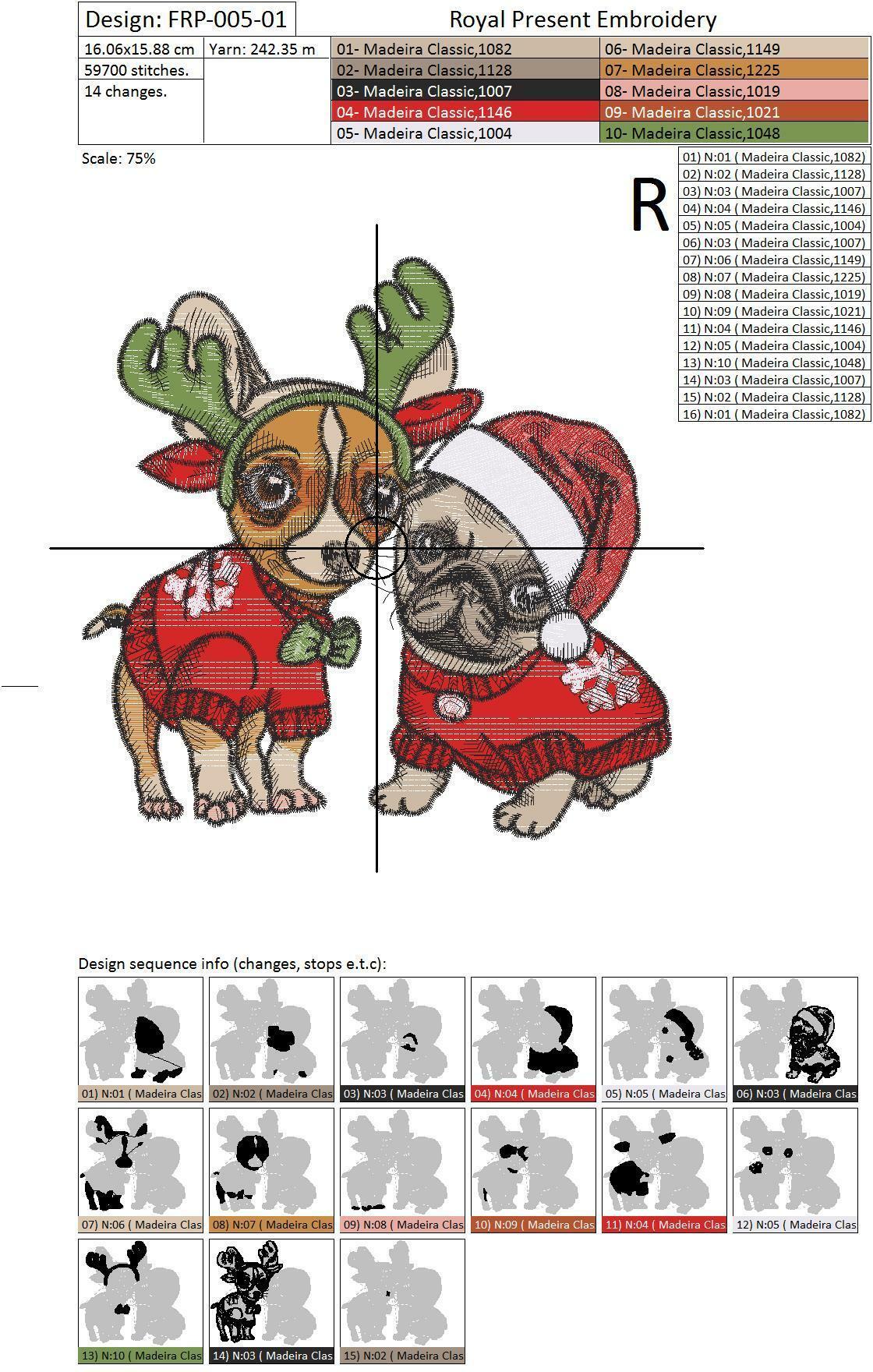 Machine Embroidery Design Christmas Puppies Pug and Chihuahua - 2 sizes
