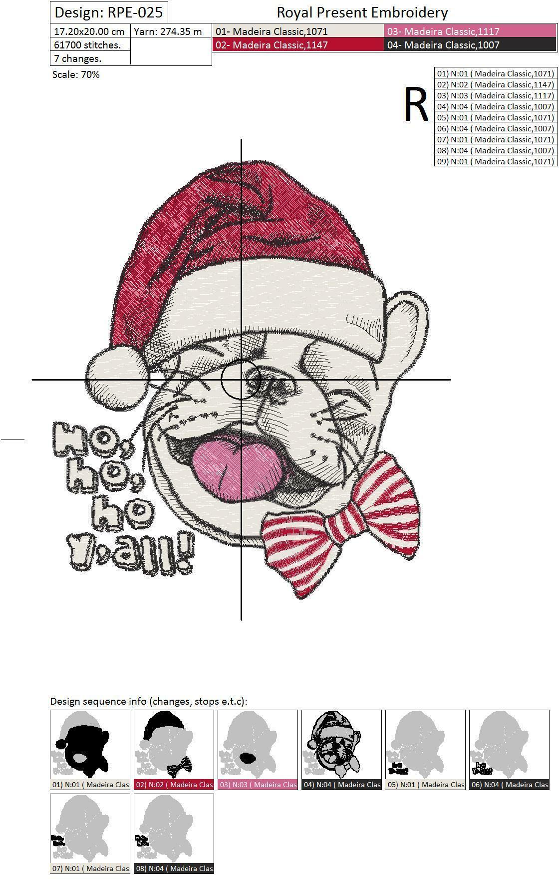 Machine Embroidery Design French bulldog in a Santa hat
