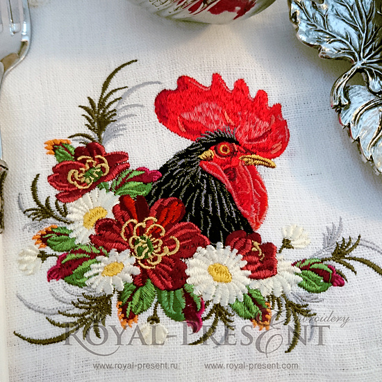 Machine Embroidery Design Rooster in a thicket of flowers - 2 sizes RPE-578
