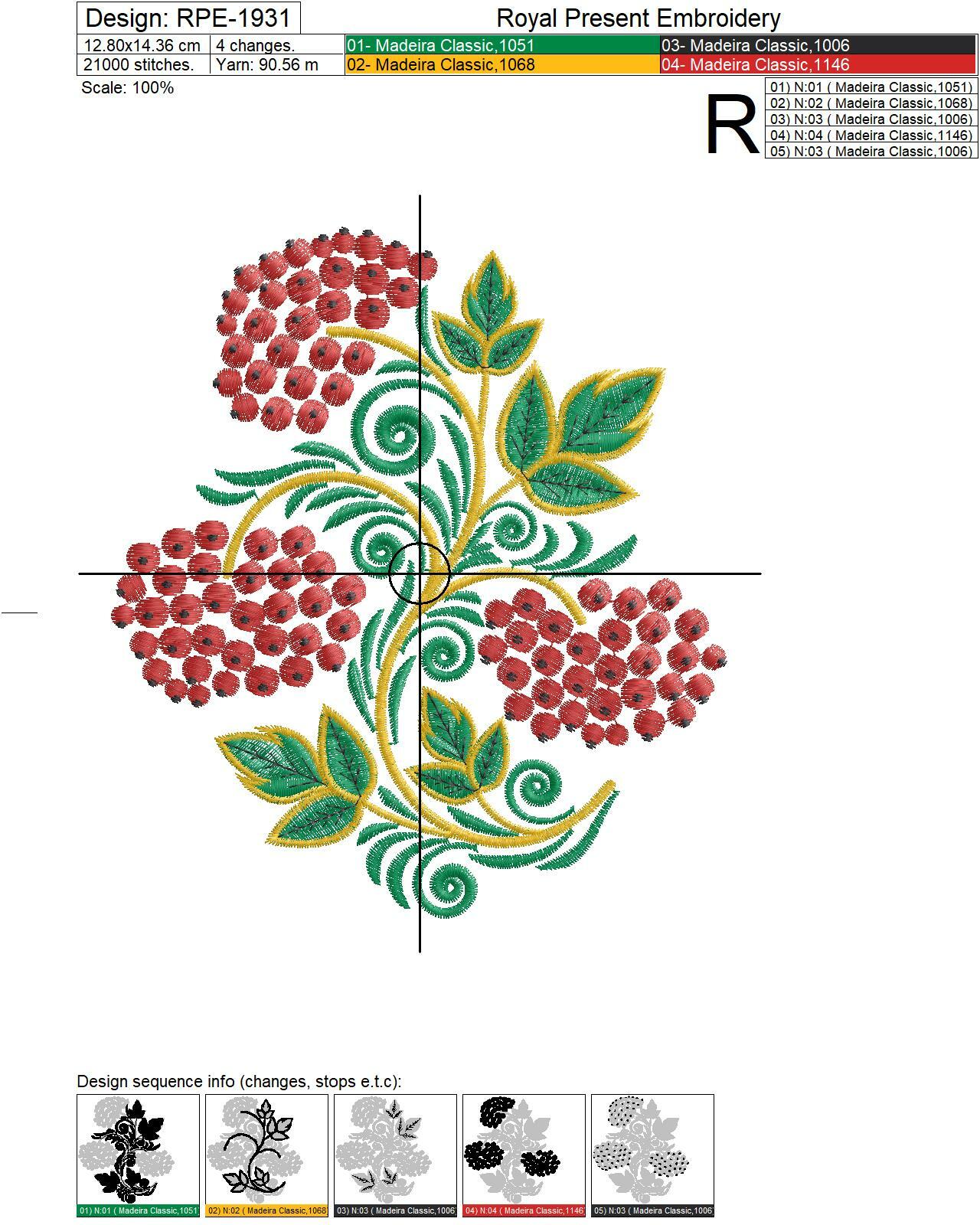 Russian Folk Rowan Khokhloma style Embroidery Design - 4 sizes