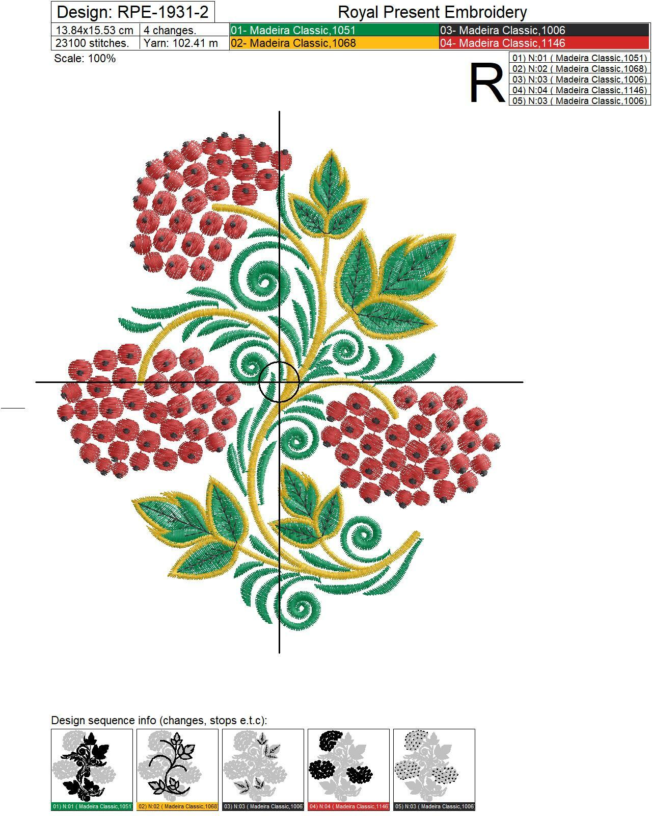 Russian Folk Rowan Khokhloma style Embroidery Design - 4 sizes
