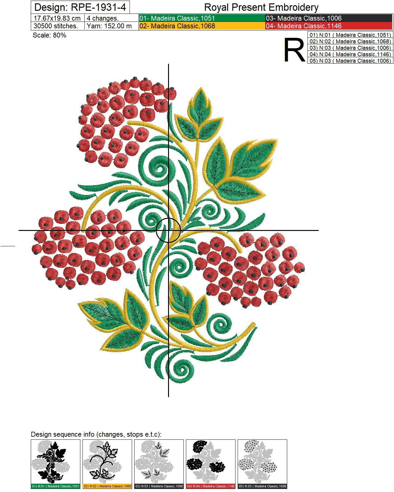 Russian Folk Rowan Khokhloma style Embroidery Design - 4 sizes