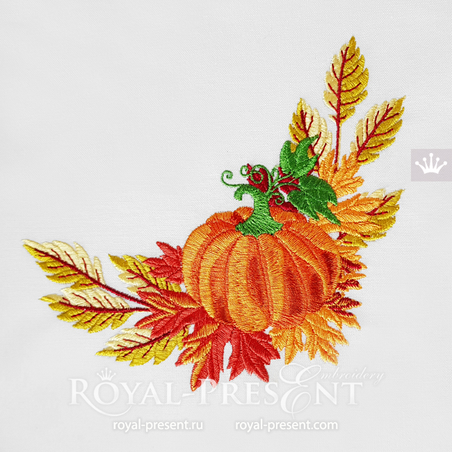 Autumn pumpkin corner with leaves Machine Embroidery Design - 3 sizes