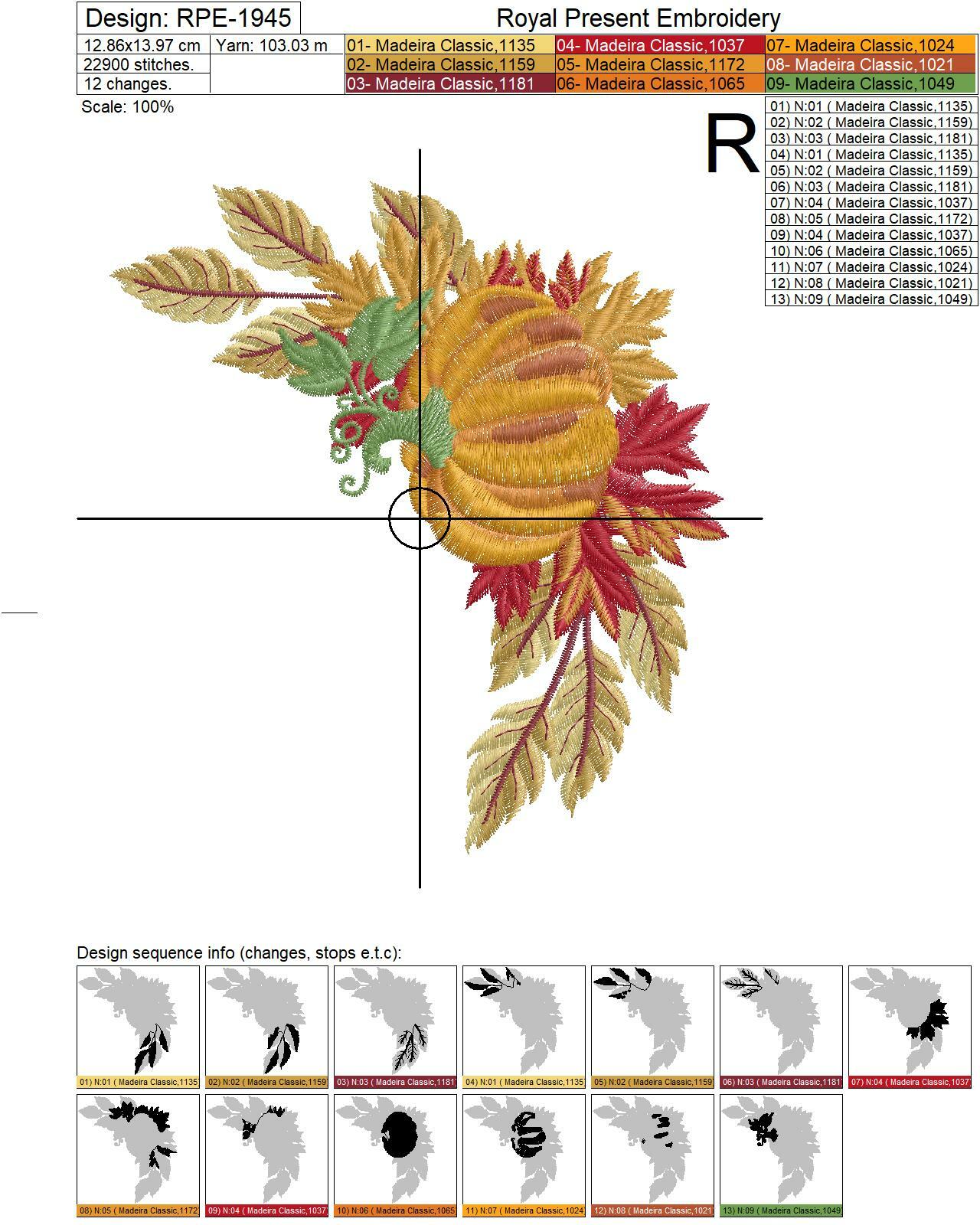 Autumn pumpkin corner with leaves Machine Embroidery Design - 3 sizes
