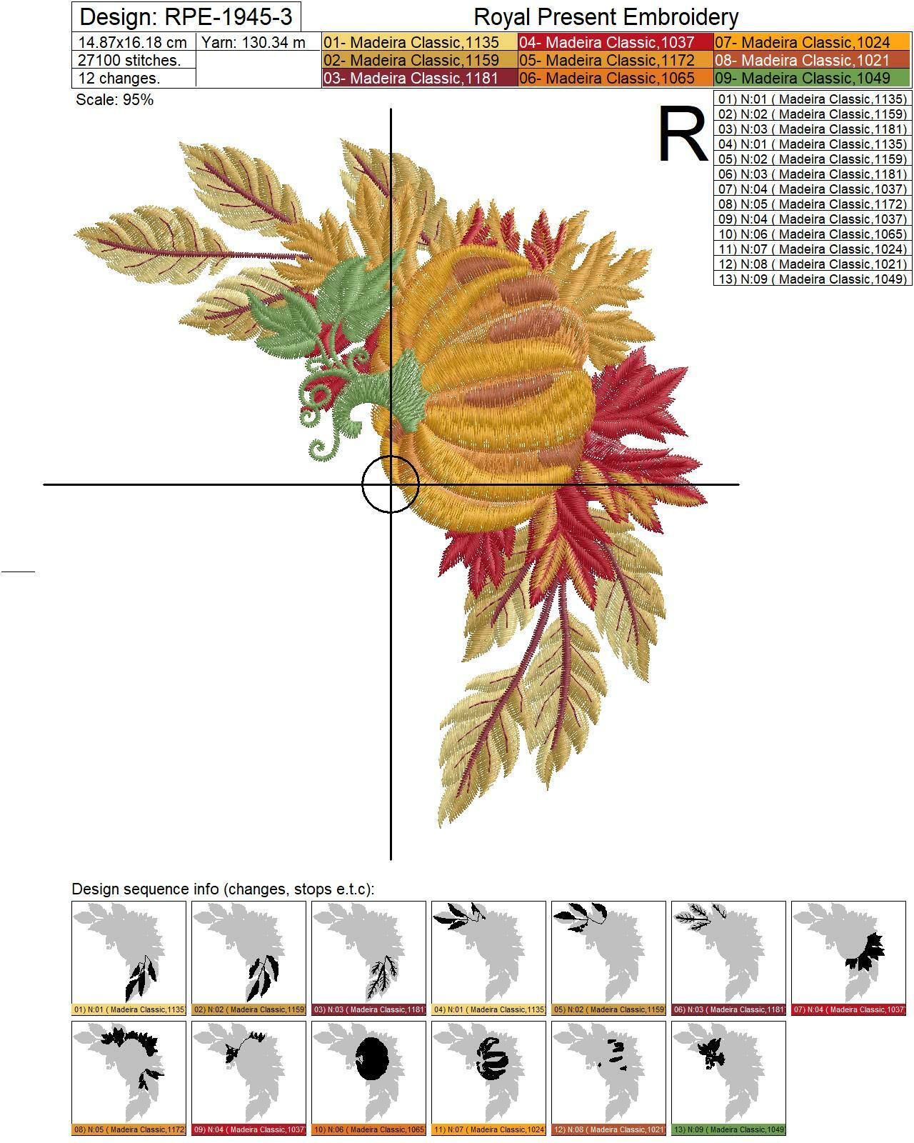 Autumn pumpkin corner with leaves Machine Embroidery Design - 3 sizes