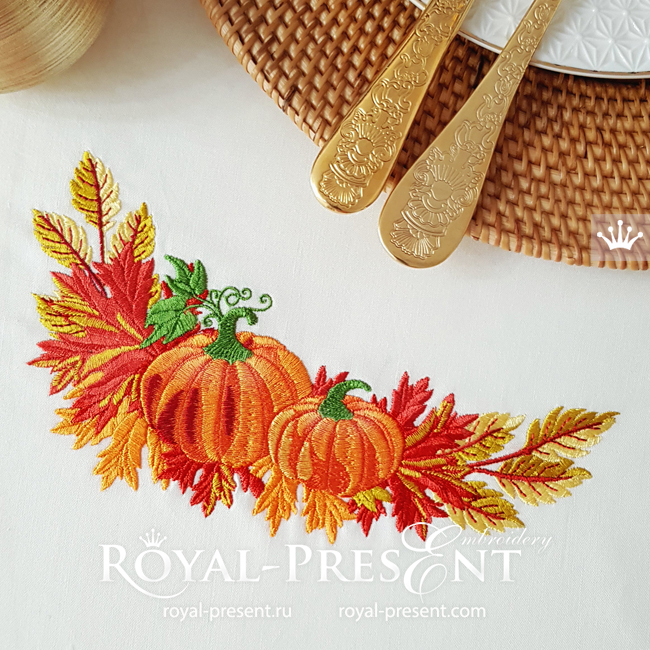 Pumpkin corner with leaves Machine Embroidery Design - 2 sizes RPE-1946