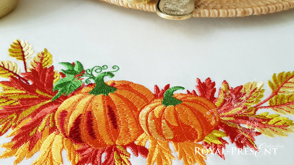Pumpkin corner with leaves Machine Embroidery Design - 2 sizes