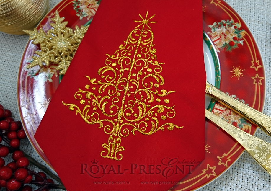 Machine Embroidery Design Elegant Red Christmas Tree - 3 sizes