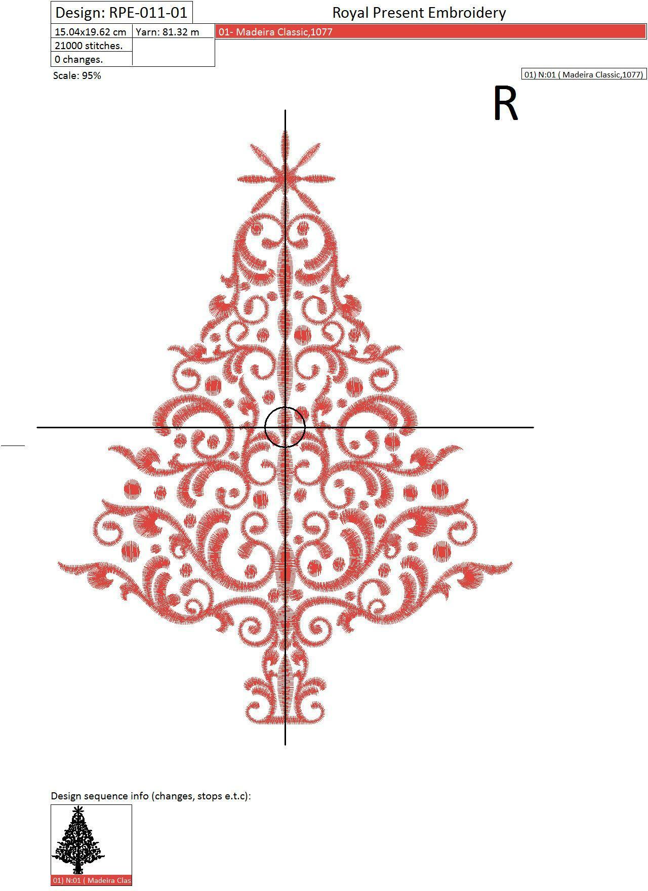 Machine Embroidery Design Elegant Red Christmas Tree - 3 sizes