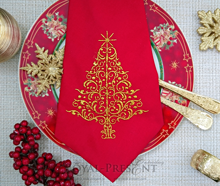 Machine Embroidery Design Elegant Red Christmas Tree - 3 sizes