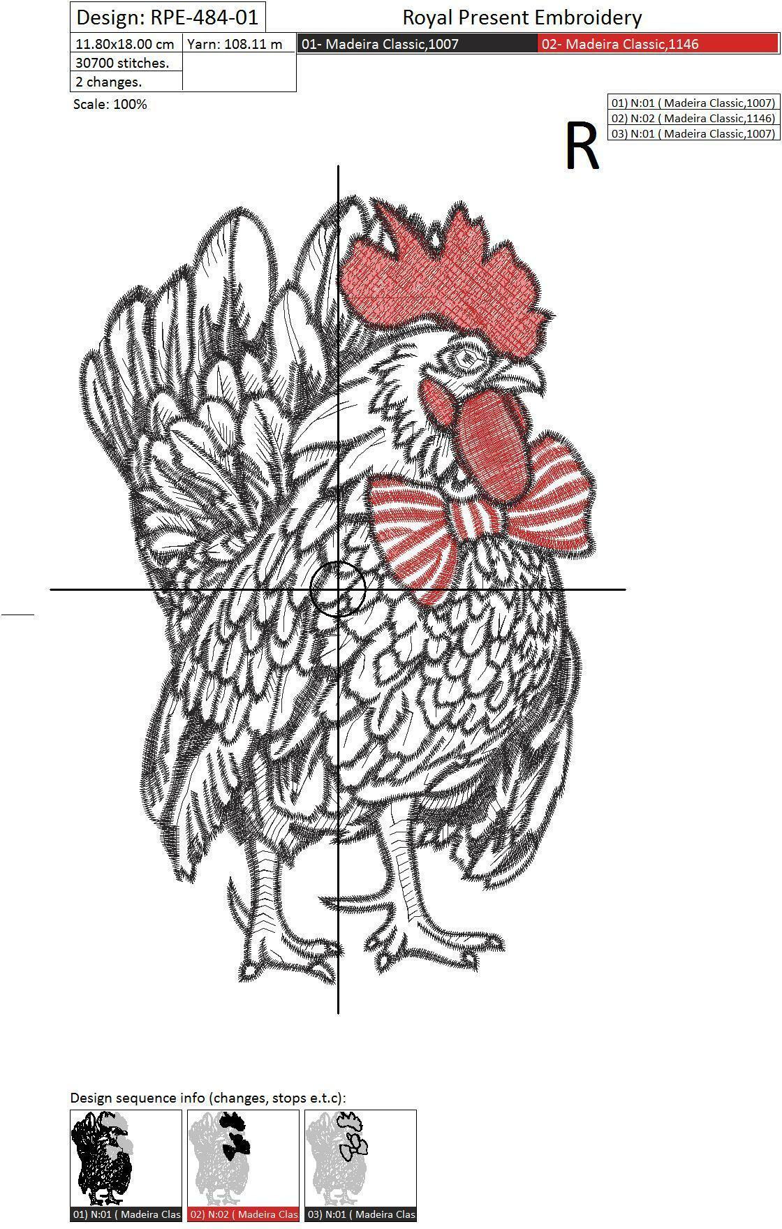 Machine Embroidery Design Rooster with a tie - 2 sizes