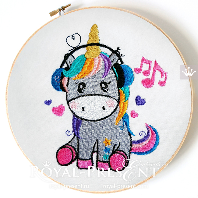 Unicorn is listening to music Machine Embroidery Design - 2 sizes RPE-1983