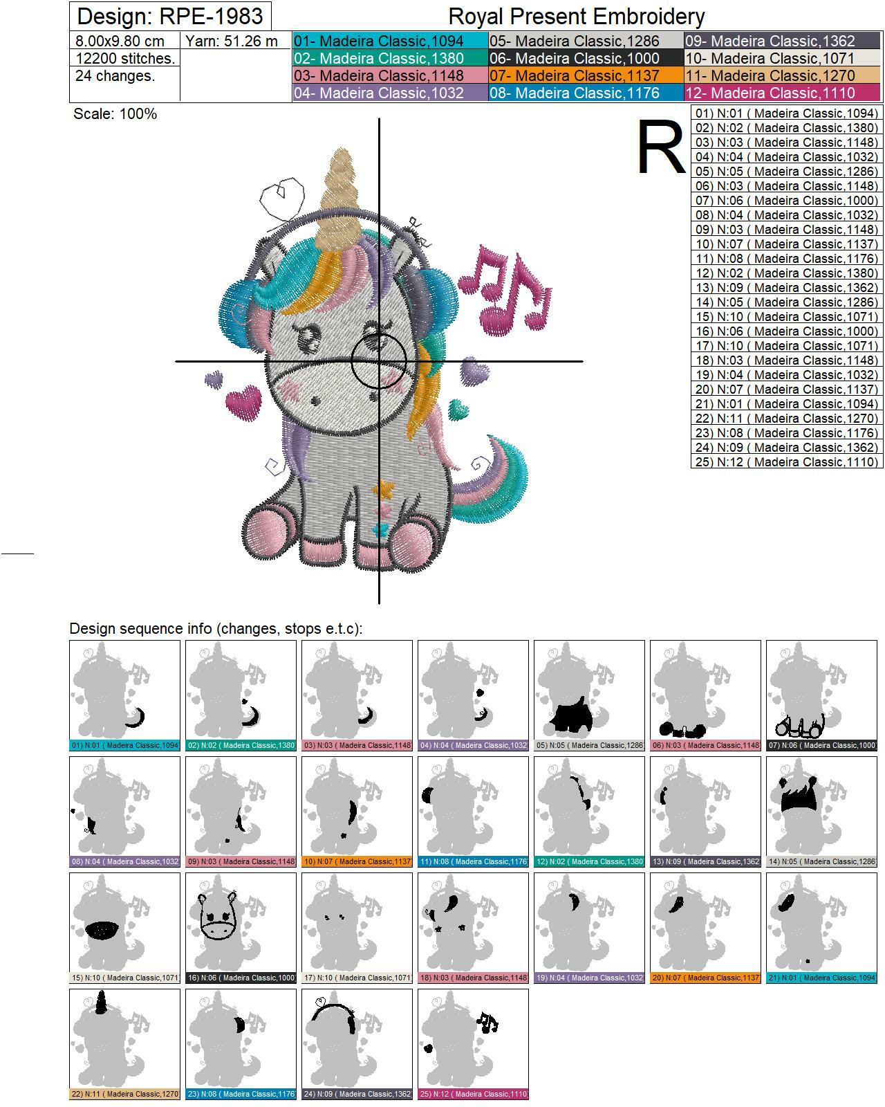 Unicorn is listening to music Machine Embroidery Design - 2 sizes