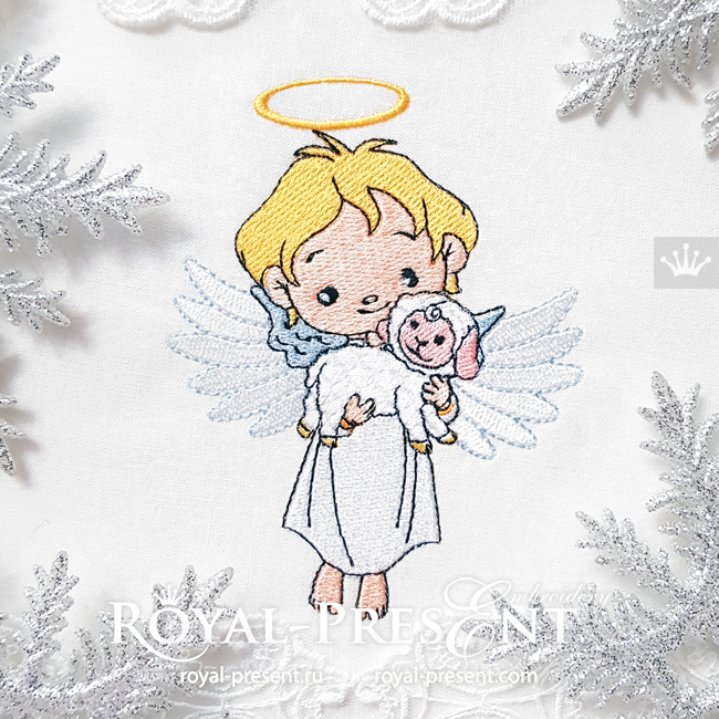Machine Embroidery Design Christmas Angel holding a lamb - 3 sizes RPE-130