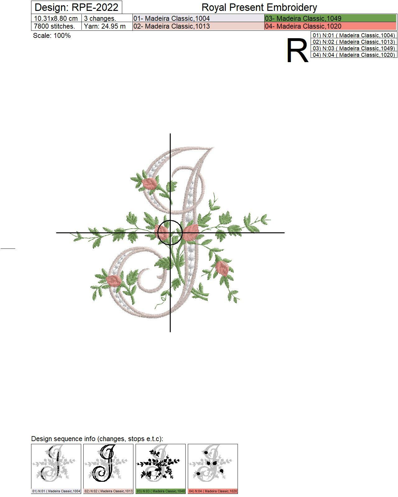 Monogram I with roses Machine Embroidery Design