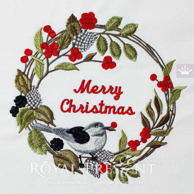 Winter wreath with a Wagtail bird Machine Embroidery Design - 3 sizes