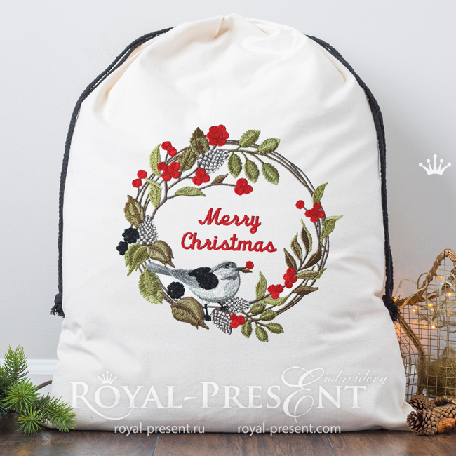 Winter wreath with a Wagtail bird Machine Embroidery Design - 3 sizes RPE-2017