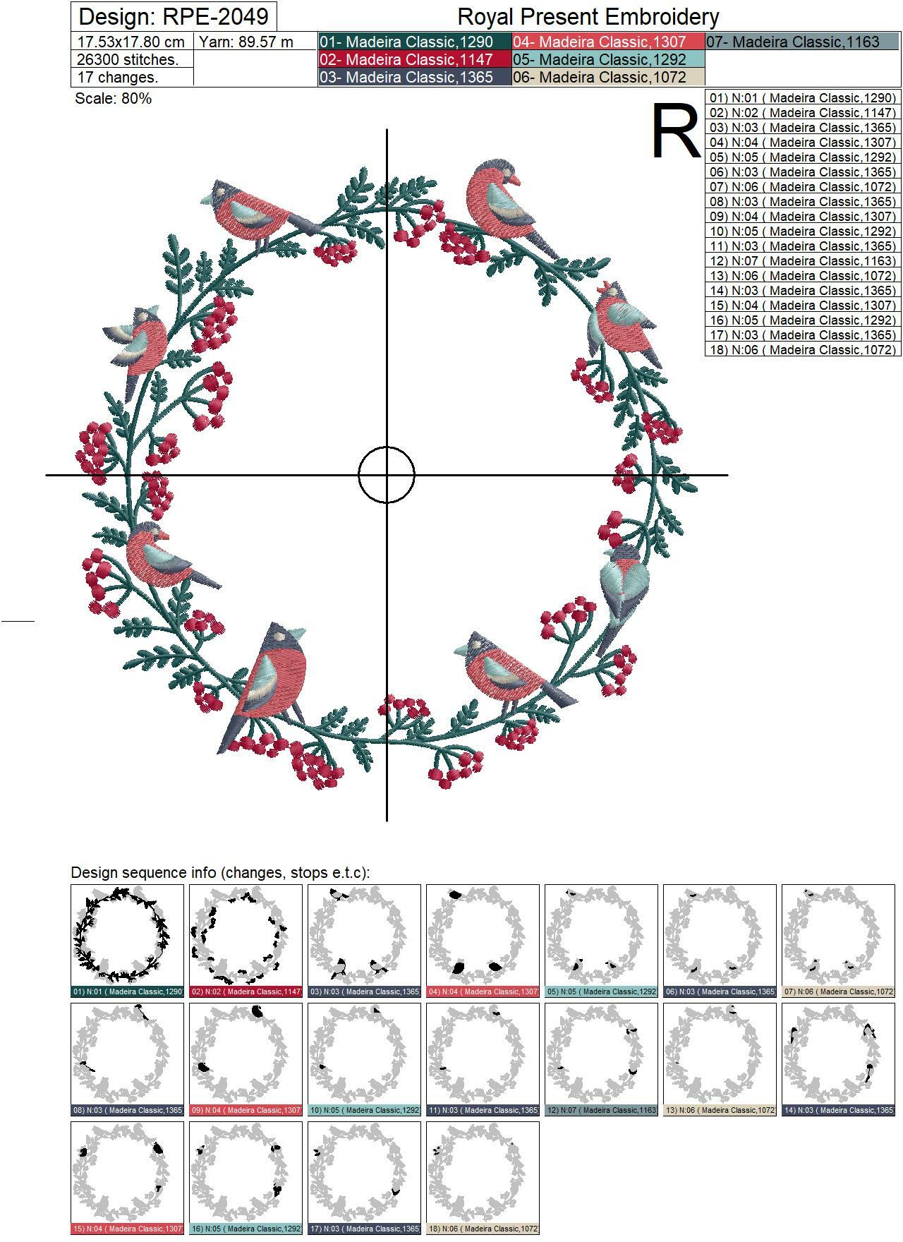 Christmas wreath with Bullfinches and Berries Machine Embroidery Designs