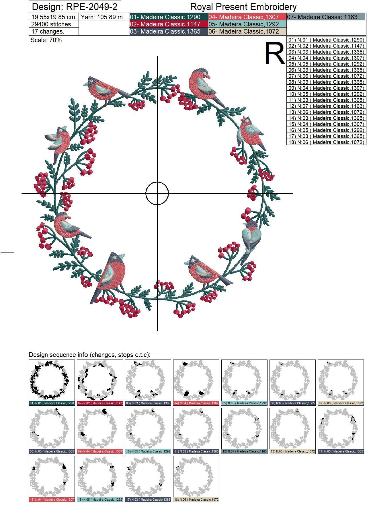 Christmas wreath with Bullfinches and Berries Machine Embroidery Designs